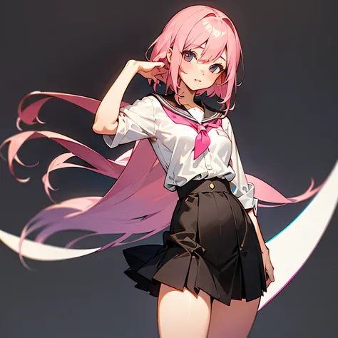 ((best quality)), ((masterpiece)), flat breasts, thin waist, thin thighs, pink hair, girl, clothed, school girl, simple background, home, looking at camera, human, anime