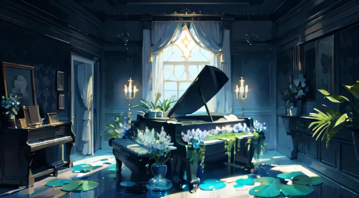 (((masterpiece))), ((best quality)), detailed, professional lighting, (((Ultra Detailed))),absurdres,(((incredibly absurdres))),under the sea,(no humans),crystal piano,water lily flower, lily pad, lotus