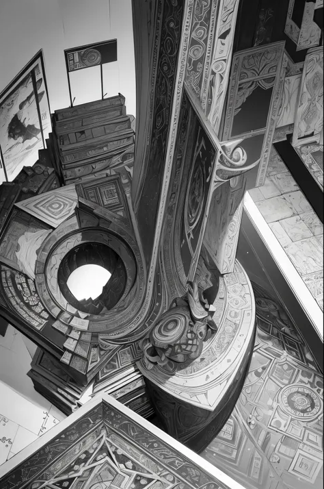 highest quality、Super detailed、real、MC Escher、Mind-bending illusion、math art、illusion landscape、impossible shape、exact symmetry、penrose stairs、impossible perspective、Tessellation、detailed line drawing、monochrome、black and white、Ink on paper、geometric preci...