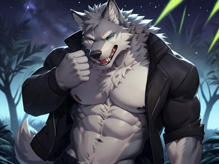 hairy，gray wolf，alone，delicate eyes，super detailed，Delicate fur texture，CG，Jacket，Blue pupils，fluorescent pupils，in the shadows，Starry eyes，muscular，huge pecs，fangs