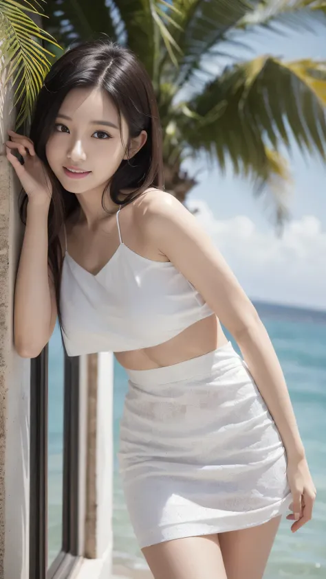 The sea shining in the morning sun , (Sexy white micro blouse and white tight skirt: 1.2), Tropical islands, Palm trees,straight hair,Longhaire, Dark blue eyes, 1 girl, 20 years old, (Intricate details: 1.2),  (Detailed eyes), long upturned eyes,(A detaile...