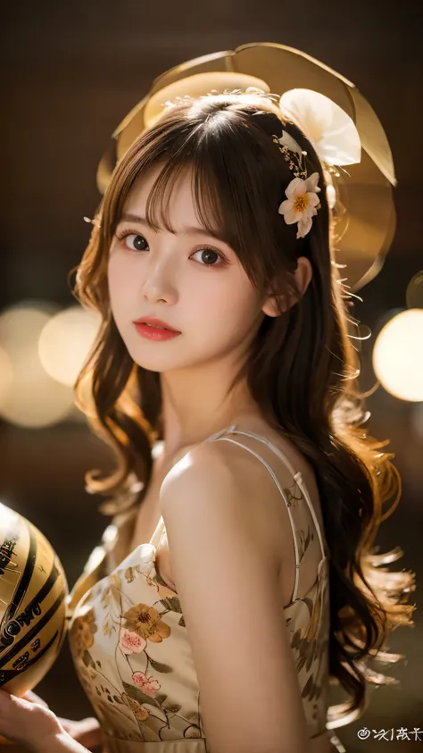 best quality ,masterpiece,ultra high res, very beautiful, kawaii, (photo realistic:1.4), 1girl, Japanese, brown hair, Cinematic, 35mm lens, f/ 1. 8, accent lighting, 8k, floral ball gown,