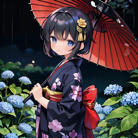 hortensia、kimono、black kimono、青と紫のhortensiaの刺繍が入ったkimono、rain、梅rain、hortensiaの髪飾り、blue-purple Japanese umbrella、short hair、turn around