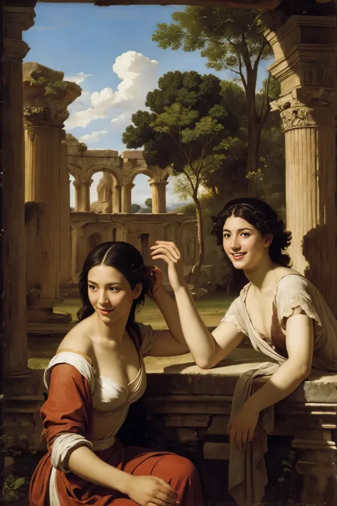 Ancient Roman ruins,landscape in the style of Poussin,A smile,,Sweet and seductive appearance.、Caravaggios paintings、Chiaroscuro of Caravaggio、Hair disheveled in the wind,Two women frolicking,Cute smile, Expression of ecstasy,A sexy,erotick