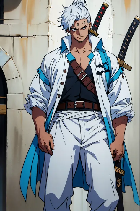 a pirate, Katana on the belt, in blue and white loose clothes, White hair, full length