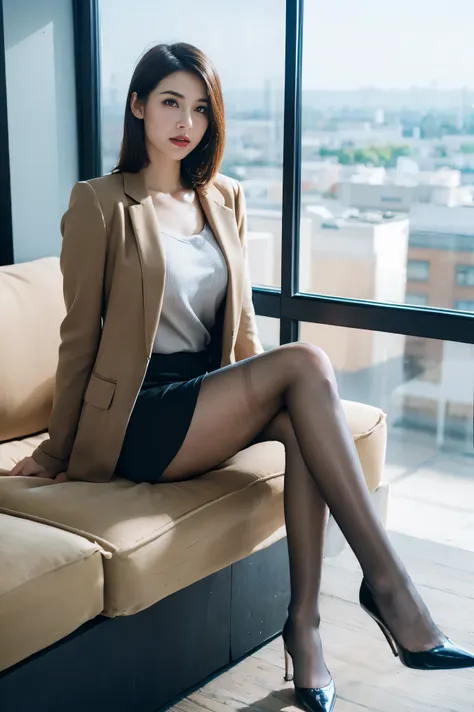 1 girl sitting on an office chair，,(european model:1.3),31 years old,exquisite,business womenswear,(jacket:1.1),(shirt:1.1),(wra...