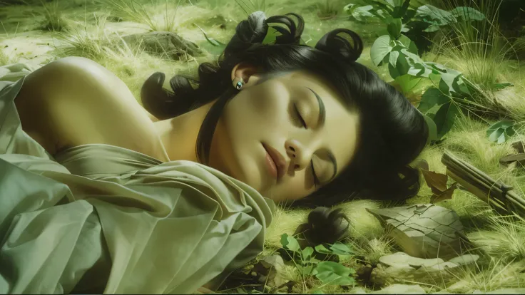 arafed woman laying on the ground with her eyes closed , the lands littered with bodies, horst p. horst, , still from a fantasy movie