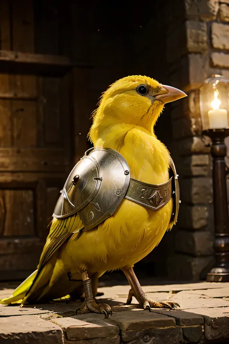 Make an image of a yellow canary with medieval armor in png