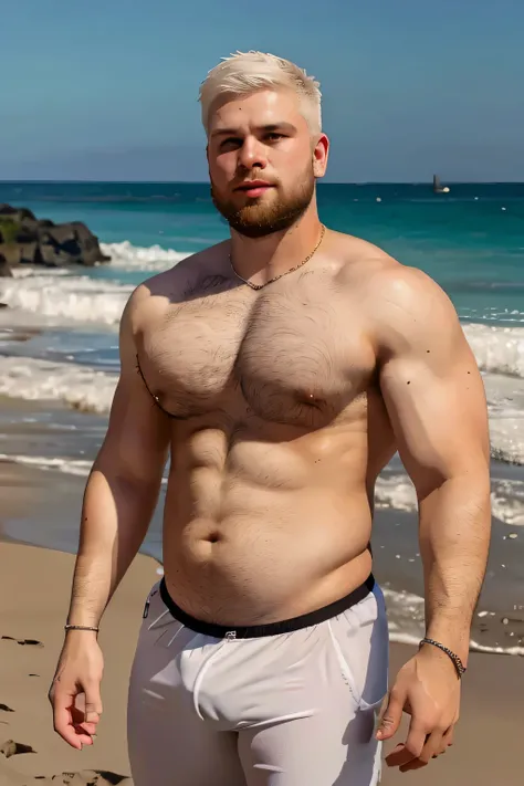 portrait of handsome man, soft belly, shirtless , beard, chest hair, no muscle, not defined, a fat, chubby, (((white hair))), 25 years old, full body, at beach, underware