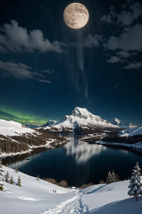 sky，full moon in center，many stars twinkling，white clouds cover half of the moon，aurora，the moon over the snowy mountains is ref...