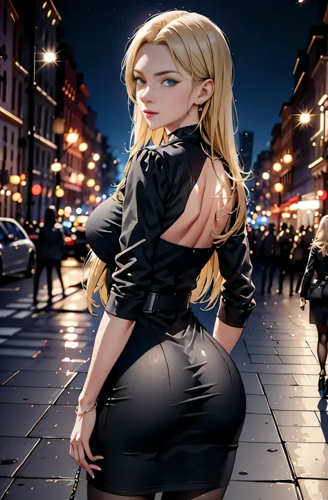 (best quality,4K,8k,high resolution,masterpiece:1.2),super detailed,actual,photoactual:1.37,a woman in white skirt and black top posing for a photo on the street night,Urban street background,blue background,blue foreground,depth of field,from behind,looki...