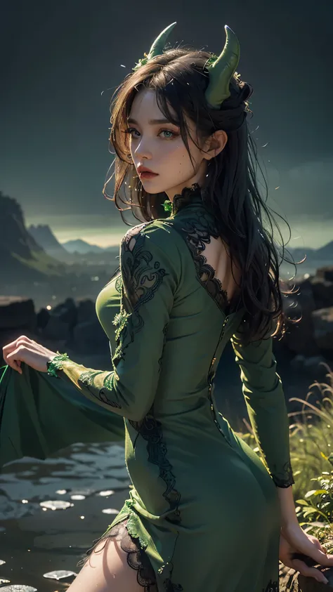 8K, ultra HD, very detailed, masterpiece, 1 girl, white face, detailed eyes, detailed lips, medium beasts, (very detailed dress:1.5), (green devil dress:1.5), lace:1, darkness, moon background, wet ground, scary scenery,