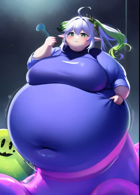 （masterpiece, highest quality, super detailed）Parasite、swallow、Slime,girl、swollen cheeks、obesity , thick thighs,Completely color-coded beauty, Grab your stomach、fear