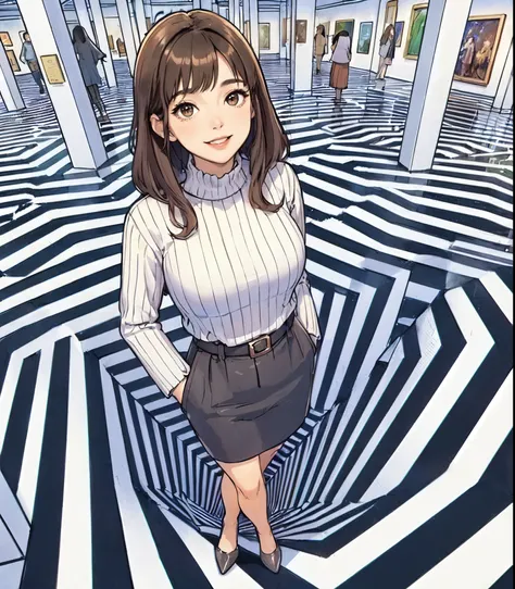 1lady solo (from above), (standing over hole in the floor), (looking up at viewers), (turtleneck sweater) stylish, mature female, /(dark brown hair/) bangs, blush joyful smile, (masterpiece best quality:1.2) delicate illustration ultra-detailed, large brea...