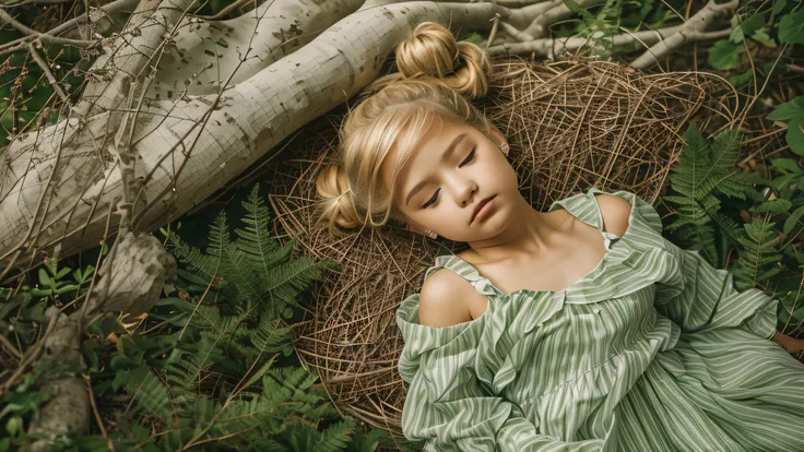 KIDS BLONDIE HAIR BUN green clothes fotografia (estilo fallenangel:1) Anjo dourado sentado no meio de uma floresta, SLEEP Token.