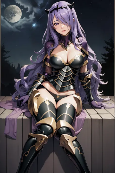 masterpiece, best quality, defcamilla, tiara, armor, gloves, gauntlets, black panties, thigh boots, sitting, looking at viewer, ...