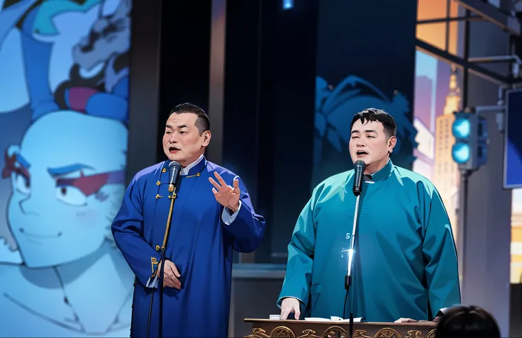 Two men in blue robes stand on the podium with microphones, There are many tall buildings in the background