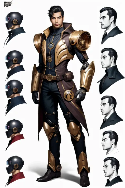 dark faced male  robot,full golden body have steampunk and Arabian ecstatic , full body shot, mix of bold dark lines and loose lines, bold lines, on paper, turnaround character sheet, a short fat mechanic in steampunk world, 