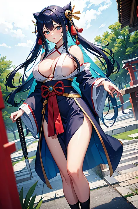 4K,High resolution,one woman,blue hair,long hair,big breasts,Japanese sword,shrine maiden,shrine maiden服,side boob,removed sleeve,same as skirt,Japan castle town