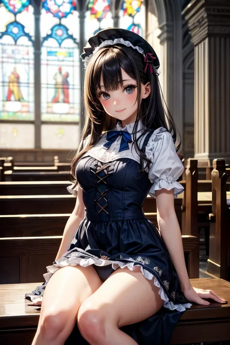 very cute and beautiful girl,(highly detailed beautiful face and eyes:1.2), (smile),blush,black hair,looking at viewer,floral pattern blue lolita dress with detailed frills,detailed lace, sitting,spread legs,arms behind back,white panties, altar,church,ind...