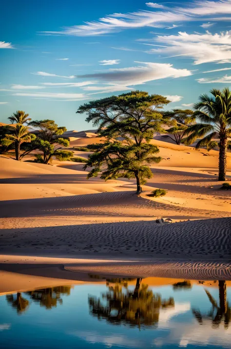 surreal lighting, cores vibrantes, dunas de areia, oasis, paleta de cores quentes, dramatic clouds, atmosfera serena, silhouette of a lonely camel, reflection on the water surface, palmeiras majestosas, luz solar dourada, Breathtaking horizon, Immersive ex...