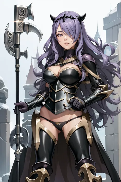 masterpiece, best quality, defCamilla, tiara, armor, gloves, gauntlets, black panties, thigh boots, looking at viewer, holding axe,
holding grip of axe, holding weapon, battle axe, holding long grip of axe, fighting stance