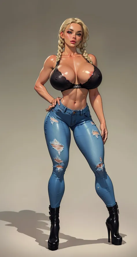 ((full body view)) seductive ((twin braids)) wearing (tight distressed jeans:1.4)(perfect face), detailed face, (symmetrical eyes), perfect nose, (wears red tube bra), (large  breasts) (blonde hair) ; 