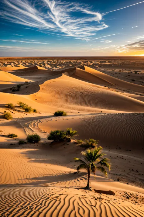 surreal lighting, cores vibrantes, dunas de areia, oasis, paleta de cores quentes, dramatic clouds, atmosfera serena, silhouette...