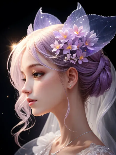 Branch of delicate lilac flowers, super transparent, holy light, beautiful spectral light, petals shine, blink, dark background, drops of transparent light, reflective light, bright, light streaming in, Optics, portrait profile, sharp focus, Magic, Complex...