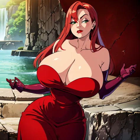 JessicaWaifu, Massive , elbow gloves, green eyes), Massive and Deep cleavage, red lips, (strapless dress) (red hair) (red dress), ((She has a mature figure, her cleavage is Massive and Deep)) 