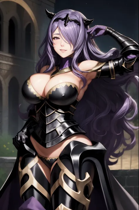 masterpiece, best quality, defCamilla, tiara, armor, gloves, gauntlets, black panties, upper body, huge breasts, outstretched arm, night, garden, smile, tired, looking at viewer 