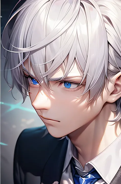 masterpiece, 8k, ((shadow and light effects)), anime boy in tie and jacket, smooth anime cg art, tall anime man with silver eyes...