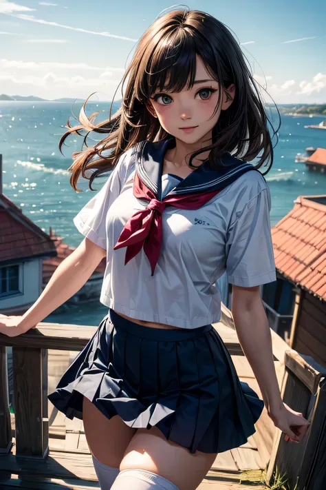 A very cute and beautiful high school girl looking at the sea on the hill,(very detailed美しい顔と目:1.2),
smile,cowboy shot,crew ,navy blue pleated mini skirt,black hair,zettai ryouiki,skirt fluttering in the wind,white panties,
(Looking at the sea,From the top...