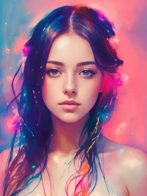 a painting by mse of an ultra hot gorgeous woman, age 23, wearing micro bikini, by agnes cecile, luminous design, pastel colours, ink drips, autumn lights