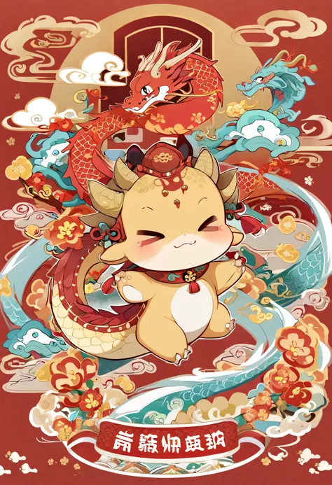 The Year of the Dragon is auspicious，China red，cute dragon