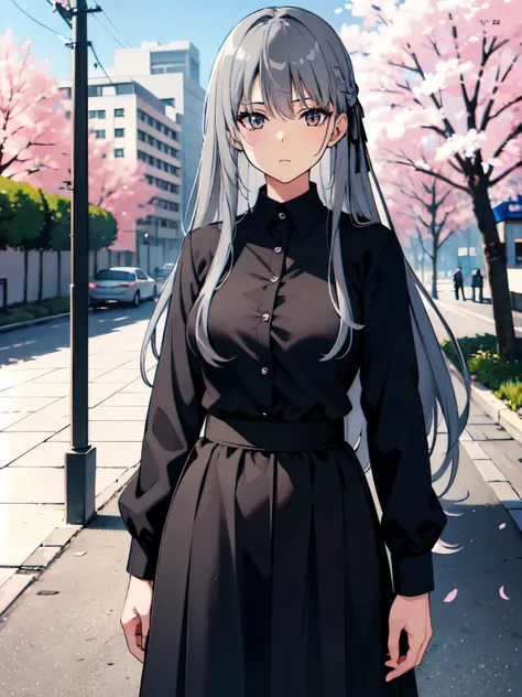 gray hair, long hair, wearing plain black shirt, long skirt, cherry blossom trees in background, absurdres, high res, ultrasharp...