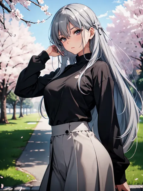 gray hair, long hair, wearing plain black shirt, long skirt, cherry blossom trees in background, absurdres, high res, ultrasharp...