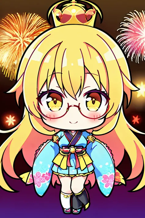 "anime girl, 1 person, bright blonde hair, yellow eyes, glasses, crown on head, female kimono, yellow kimono with black trim with intricate patterns, big breasts, long stockings, standing cross-legged, angle  view from different directions, solo, chibi,ful...