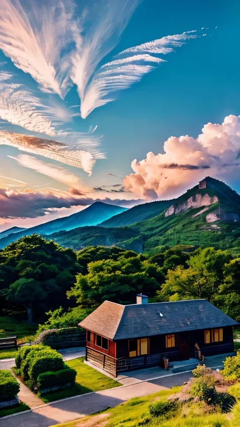 there is a mountain with a house in the foreground, anime landscape, anime scenery, beautiful anime scenery, anime countryside landscape, beautiful anime scene, detailed scenery —width 672, anime scenery concept art, anime scene, anime landscape wallpaper,...