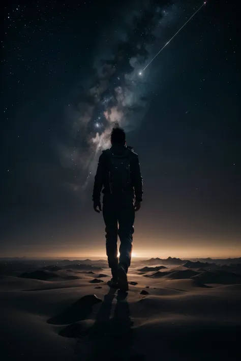 ((melhor qualidade)), ((obra de arte)), (detalhado), rosto perfeitobook cover,A deep black background, dotted with twinkling stars,sensation of a vast and unexplored universe,distant planets and colorful nebulae adorn the horizon,a man emerges in the dista...