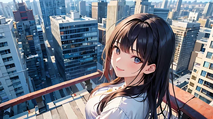 best quality, masterpiece, RAW photo,ultra-detailed,Korean 1girl ,looking at viewer, smile,rooftop, from above, city, casual,