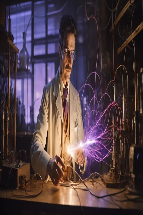 arafed man in a lab coat holding a light up, nikolai tesla in his lab, nikola tesla, mad scientist working, electricity superpowers, tesla coil, portrait of nikola tesla, electrifying, tesla coils, man in futurist 6 0 ´ s lab, an inventor, aura jared and w...