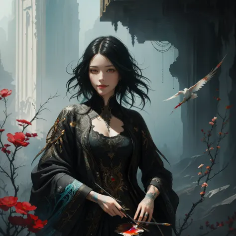 Colorful beautiful woman: Black ink flow: 8k resolution photorealistic masterpiece: by Aaron Horkey and Jeremy Mann: intricately detailed fluid gouache painting: by Jean Baptiste Mongue: calligraphy: acrylic: watercolor art, professional photography, natur...