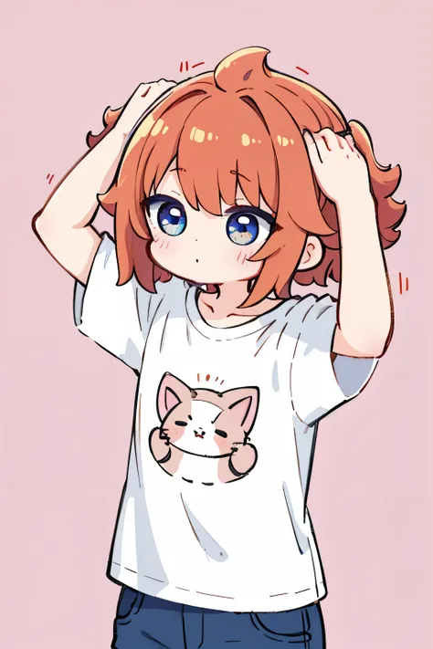 hyper tired hair,nozochibi, chibi, simple background, upper body,cat eyes,t-shirt,put both hands on head