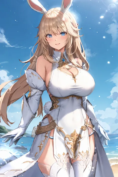 bunny girl, wide hair, bangs. happy smile. blonde bunny ears, blue eyes, blond hair, cowboy shot, large breast, white mage robes, modest outfit