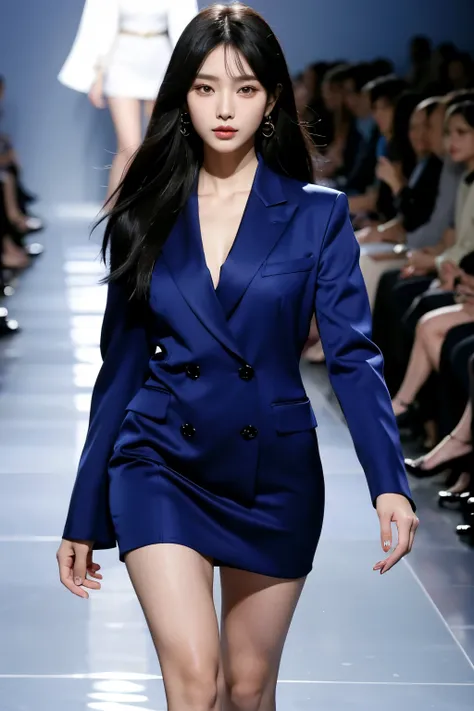 Mulher coreana extremamente bonita, rosto harmonioso, she is walking on a fashion catwalk, usando um vestido azul com blazer, vestido da fashion week Paris elegante, ela tem longo cabelos lisos preto, usa brincos