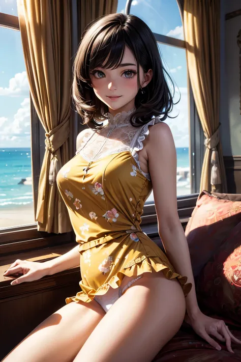 very cute and beautiful girl sitting near window,(floral yellow summer dress with detailed frills),sleeveless,detailed lace,(spread legs,white panties), (highly detailed beautiful face and eyes:1.2),antique hotel bedroom,gorgeous furnitures,balcony,ocean v...