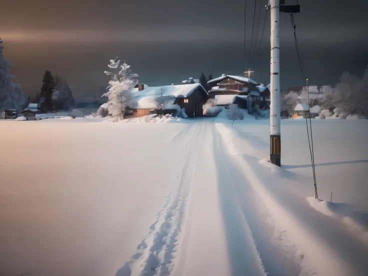 RAW photo of a landscape、details、photorealistic、super realistic photos、8K UHD、digital single lens reflex、soft lighting、high quality、film grain、Fujifilm XT3、(masterpiece)、A house in snowy country、blue sky and sunlight、It&#39;s snowing