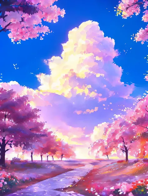 plain of colorful flowers、one big cherry tree、fantastic scenery、delicately expressed landscape、realistic expression