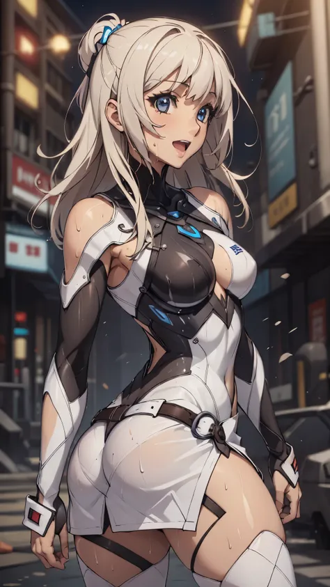 woman,20-year-old,,city,night,((white tight miniskirt bodysuit)),(Harada Makoto),open mouth smile,(((See-through))),((blonde)),long hair,((wet with sweat))Look back and look back